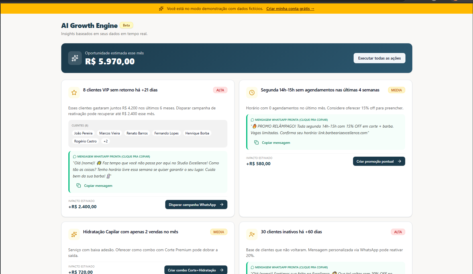 AI Growth Engine do BarbeiroPro AI mostrando oportunidades de crescimento, clientes inativos, campanhas e impacto financeiro.